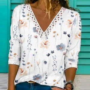 White Eyelet Lace and Flower Long Sleeve Top